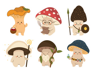 Flat style illustration of six cute anthropomorphic mushrooms dressed as fantasy characters like wizards, warriors, and alchemists, ideal for magical design projects and storytelling visuals.
