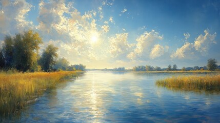 Fototapeta premium Peaceful River Scene with Blue Sky Bright Sun and Lush Green Trees