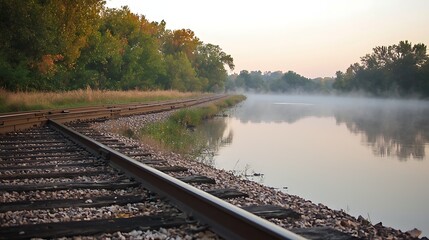 Obraz premium Tranquil train tracks beside a misty river at dawn. Lush foliage and gravel surrounding the railway line