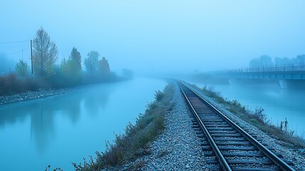 Fototapeta premium Misty river and railway track at dawn. Tranquil landscape