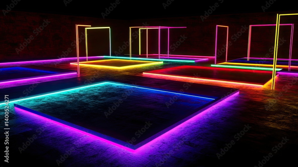 Poster abstract neon geometry: futuristic display of light and dimensional platforms