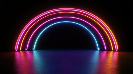 Dynamic vibrancy of glowing neon arches against an infinite black backdrop