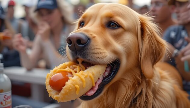 A Golden Retriever's joyful expression while enjoying a delicious hot dog at a vibrant outdoor event, bathed in warm sunlight.