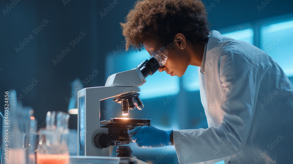 Poster a scientist examining a sample under a microscope in a laboratory with blue lighting effects