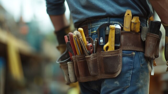 Construction worker carrying tools in a tool belt. Featuring efficiency and readiness