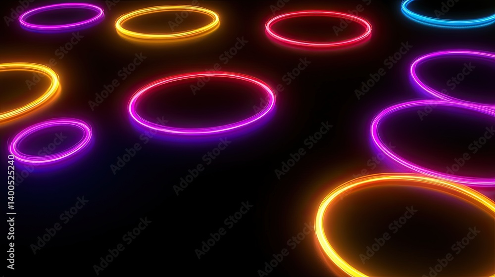 Poster neon circles floating in dark space: a vibrant abstract geometric pattern