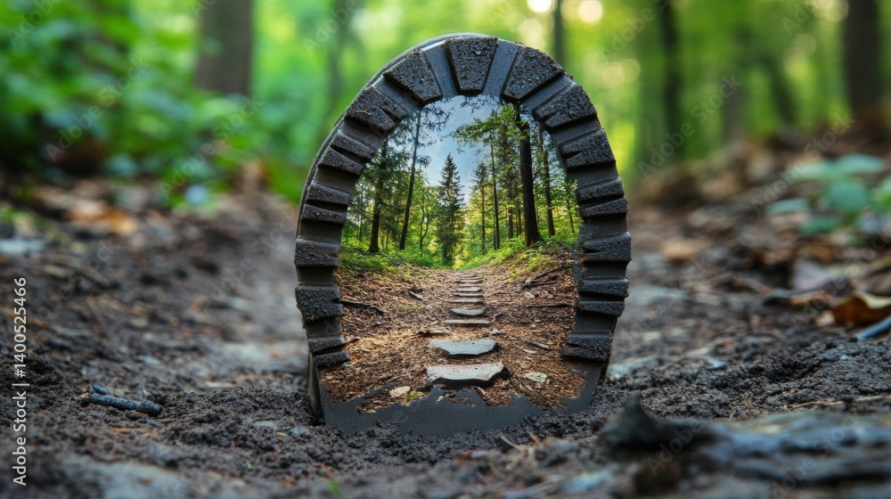 Poster creative bootprint showcases lush forest path within its sole design for hiking journey concept
