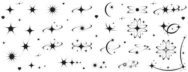 Big Set Y2K stars twinkle bling isolated white background. Abstract sparkle tattoo shapes. Collection simple Geometric sign vector illustration. EPS 10