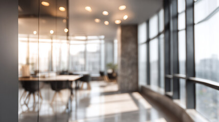 Modern Office Interior with Sun Rays, Blurred Office Interior with Sunlight