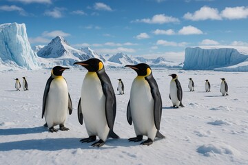 Obraz premium Group of Emperor Penguins Standing on Snowy Landscape in Antarctica During Bright Sunny Day