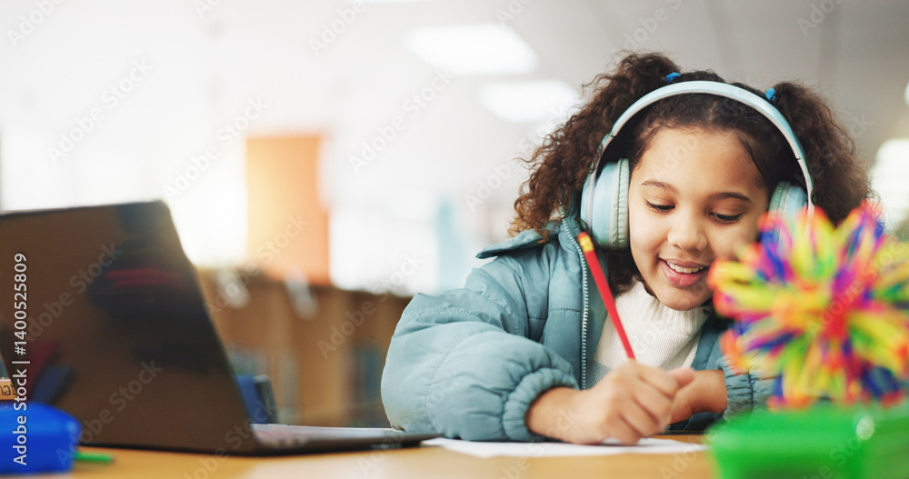 Aufkleber student, child and headphones with laptop for writing, e learning or online class for knowledge. vir
