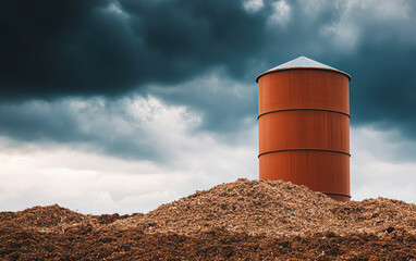 Obraz premium A red silo stands against a moody sky, surrounded by a mound of debris.