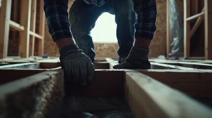 Construction worker checking the alignment of floor joists. Featuring technical precision and planning