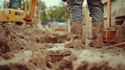 Fototapeta premium Construction worker checking the excavation site for foundation work. Featuring expertise and groundwork