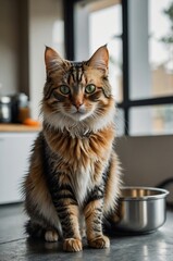 Cat sitting next to a large stainless steel food bowl, symbolizing pet feeding time, feline routine, healthy nutrition, domestic life, and cat care at home
