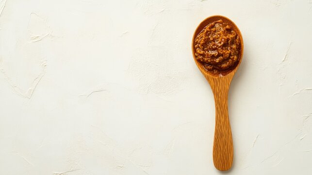 A single wooden spoon containing olive tapenade, isolated on light background with top view and balanced layout