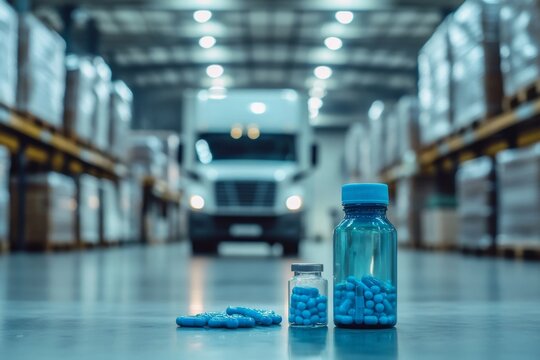 Pharmaceutical distribution center.  Bottles of blue pills sit on a warehouse floor, with a truck in the background