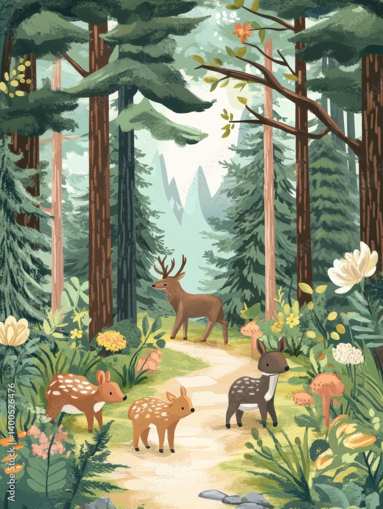 Poster soft animals walk together along a winding forest path surrounded by vibrant flora and towering tree
