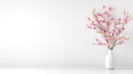 A white ceramic vase with delicate pink cherry blossoms on a minimalist white surface, bright and clean setting, and floral arrangement concept.