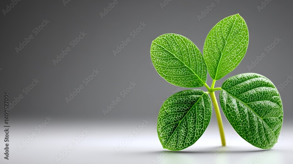 Aufkleber closeup botanical view of a fresh green four leaf clover centered on a smooth light gray background 