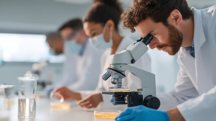 Scientists working in a lab with microscopes and petri dishes conducting medical research work