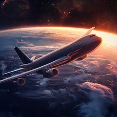 A jet plane soaring above a breathtaking Earth, with dramatic lighting and a sense of vastness