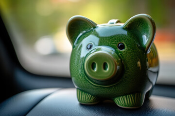 Green pig piggy sitting on car dashboard.