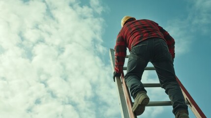 Construction worker climbing a ladder to inspect roof installation. Featuring safety and awareness