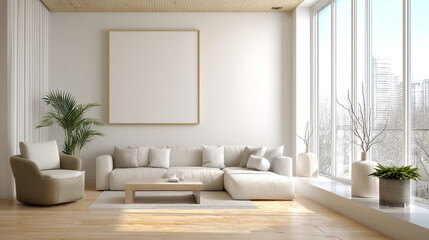 Fototapeta premium Home mockup in living room interior background, Minimalist, japandi interior design of modern living room.