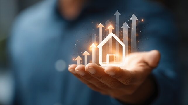 Concept of Real Estate Value Increase Held by Man in Hand