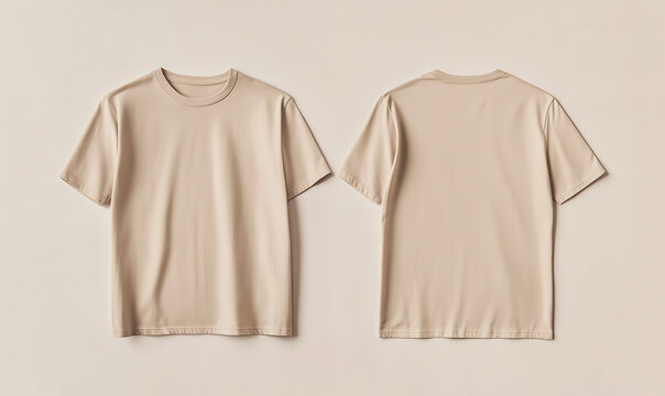 Front and back view of a beige t-shirt laid flat on a surface, a flat lay concept used as a mockup design template