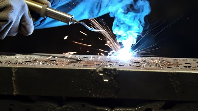 Welder joining metal parts with mig welding technique