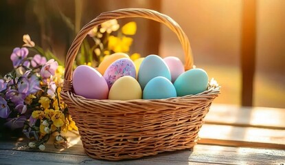 Easter basket with colorful eggs on a wooden table with sunlight 
