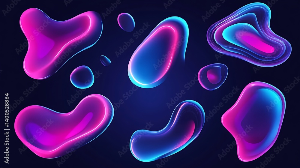 Poster vibrant abstract shapes in shades of pink and blue floating against a dark background, creating a dy