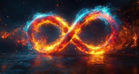 Luminous Infinity Symbol with Glowing Binary Code and Dynamic Light Trails on Dark Background