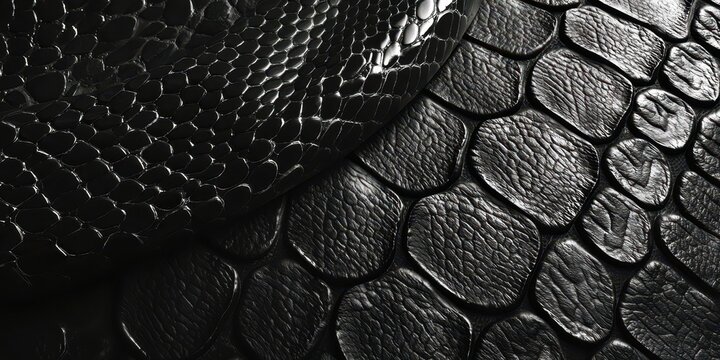 A close up of a black leather material with a pattern of scales