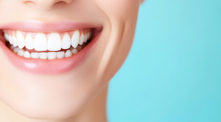Fototapeta premium Close-up of perfect smiling woman's teeth and lips showing healthy gums and white teeth, promoting dental hygiene and oral health on a vibrant blue background with copy space