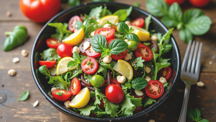 Top-down view of a vibrant, healthy salad bowl with fresh ingredients on a rustic wooden table.