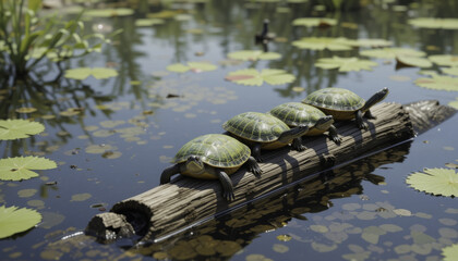 Four turtles basking on log in tranquil pond surrounded by lily pads and aquatic plants, creating serene natural scene