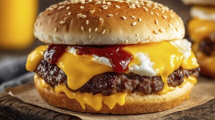Close-up of a perfectly grilled hamburger patty, showcasing its browned crust and pink interior - pink grilled up