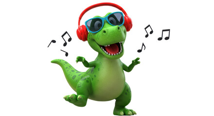 Isolated cartoon dinosaur with headphones