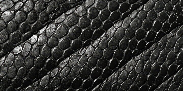 A close up of a black leather material with a pattern of scales