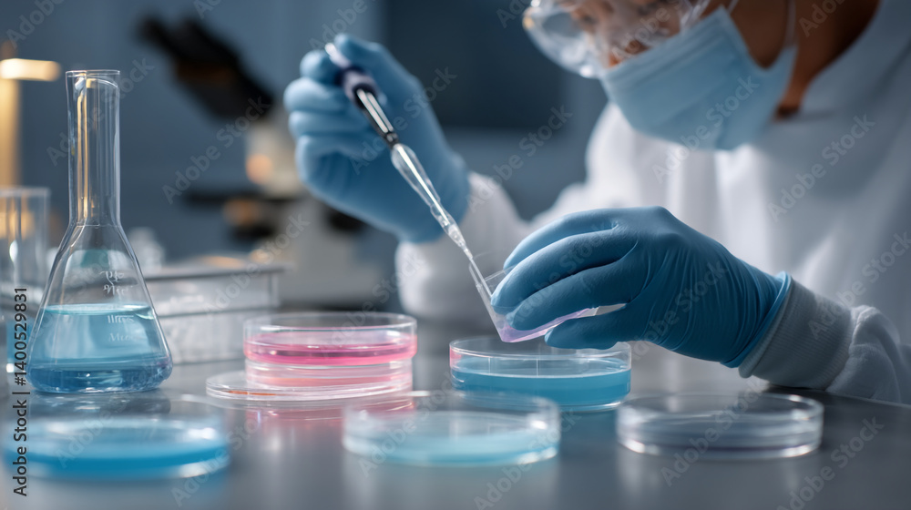 Poster a scientist working with petri dishes and a pipette in a laboratory environment for research and stu