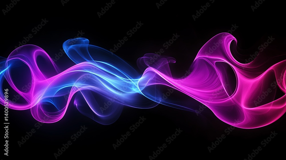 Poster vibrant abstract waves of blue and pink light flowing seamlessly against a dark background, creating