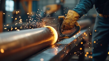 Construction worker cutting steel pipes using a saw. Featuring focus and craftsmanship