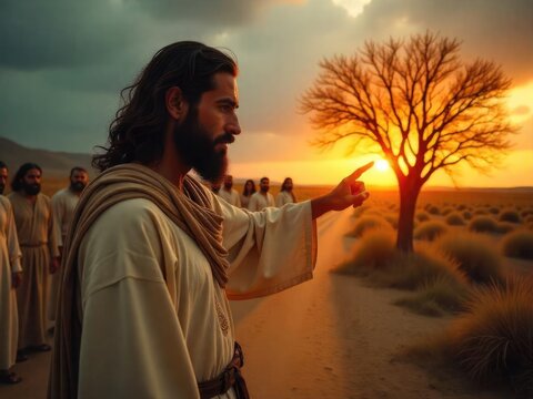 Fototapeta Savior gesturing toward withered fig tree, disciples observing biblical moment at golden desert sunset, illustrating Gospel narrative from Matthew
