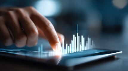 Hand Swiping on Tablet with Digital Bar Chart Displayed Clearly