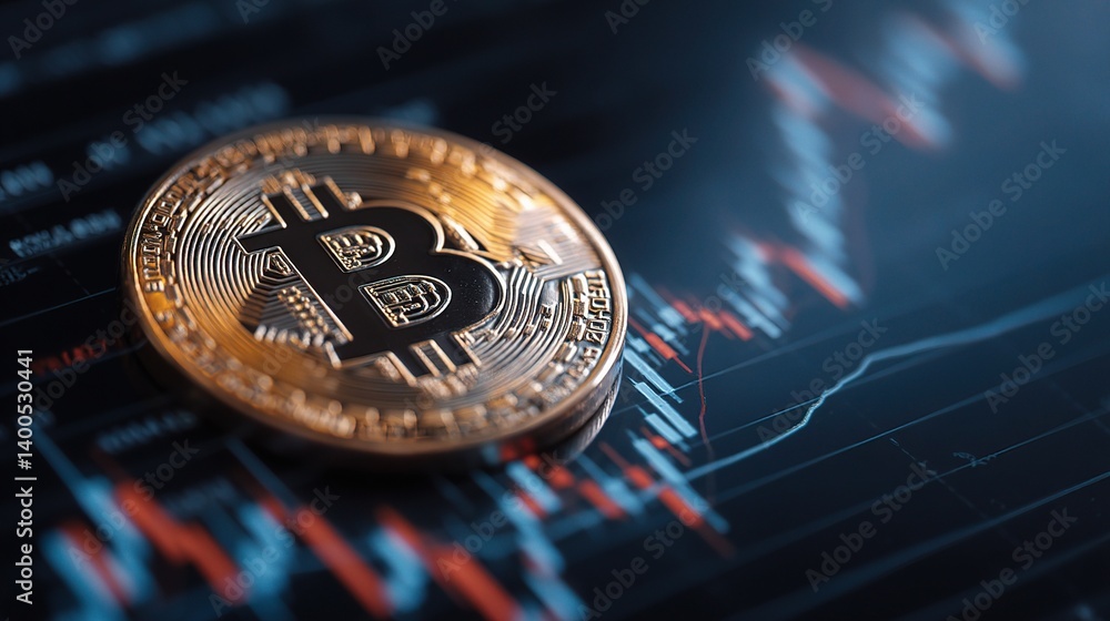 Poster gold coin on dark background with financial graphs and data