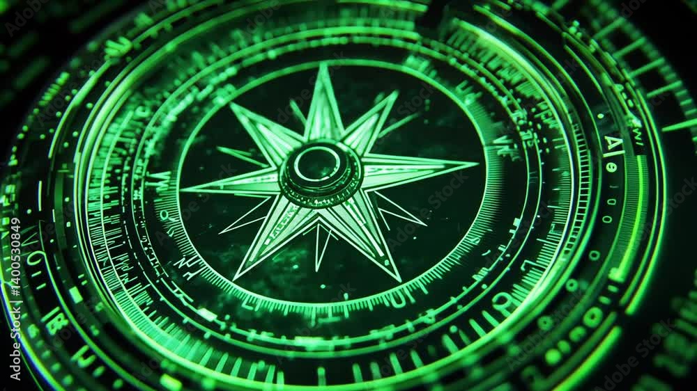 Poster futuristic green compass animation for navigation and technology concepts