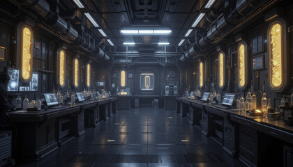 Fototapeta premium futuristic laboratory with advanced technology and glowing panels, featuring workstations equipped with computers and scientific equipment. room is illuminated by overhead lights and has sleek